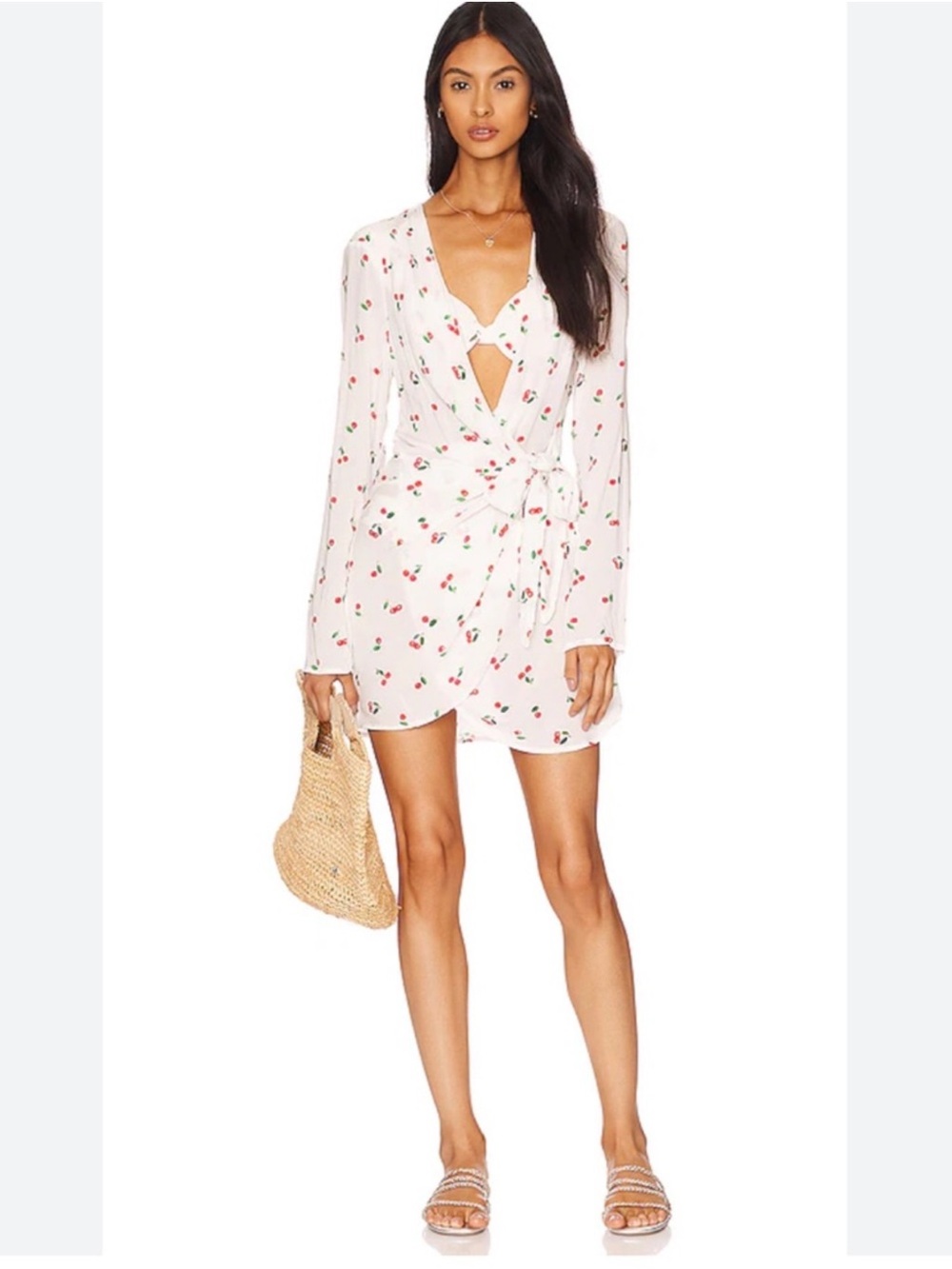 WeWoreWhat White Cherry-Print Long Sleeve Wrap Dress